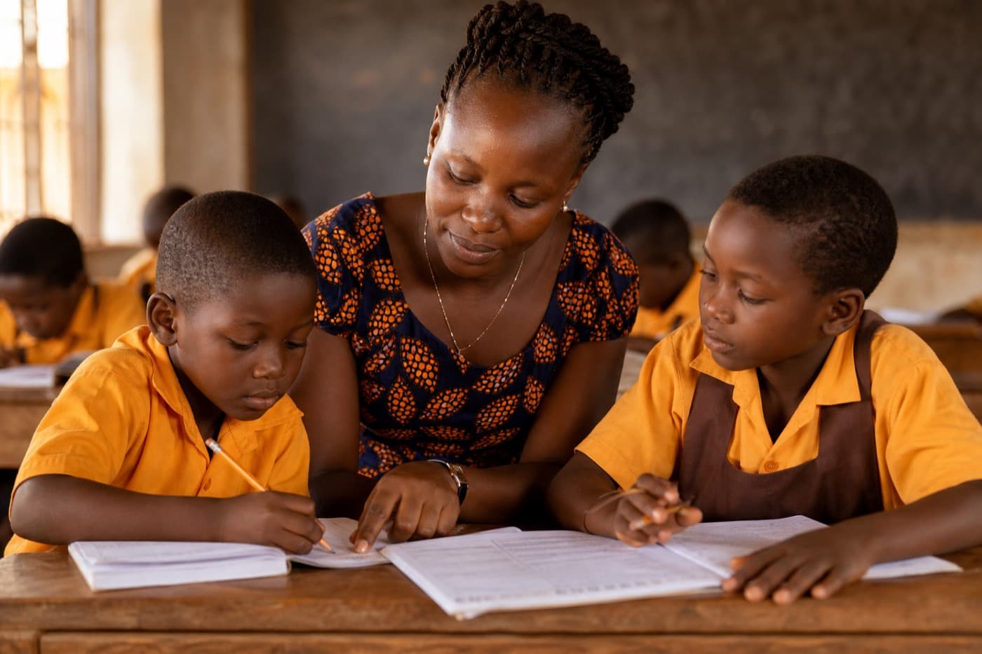 A teacher helping two learners with their classwork